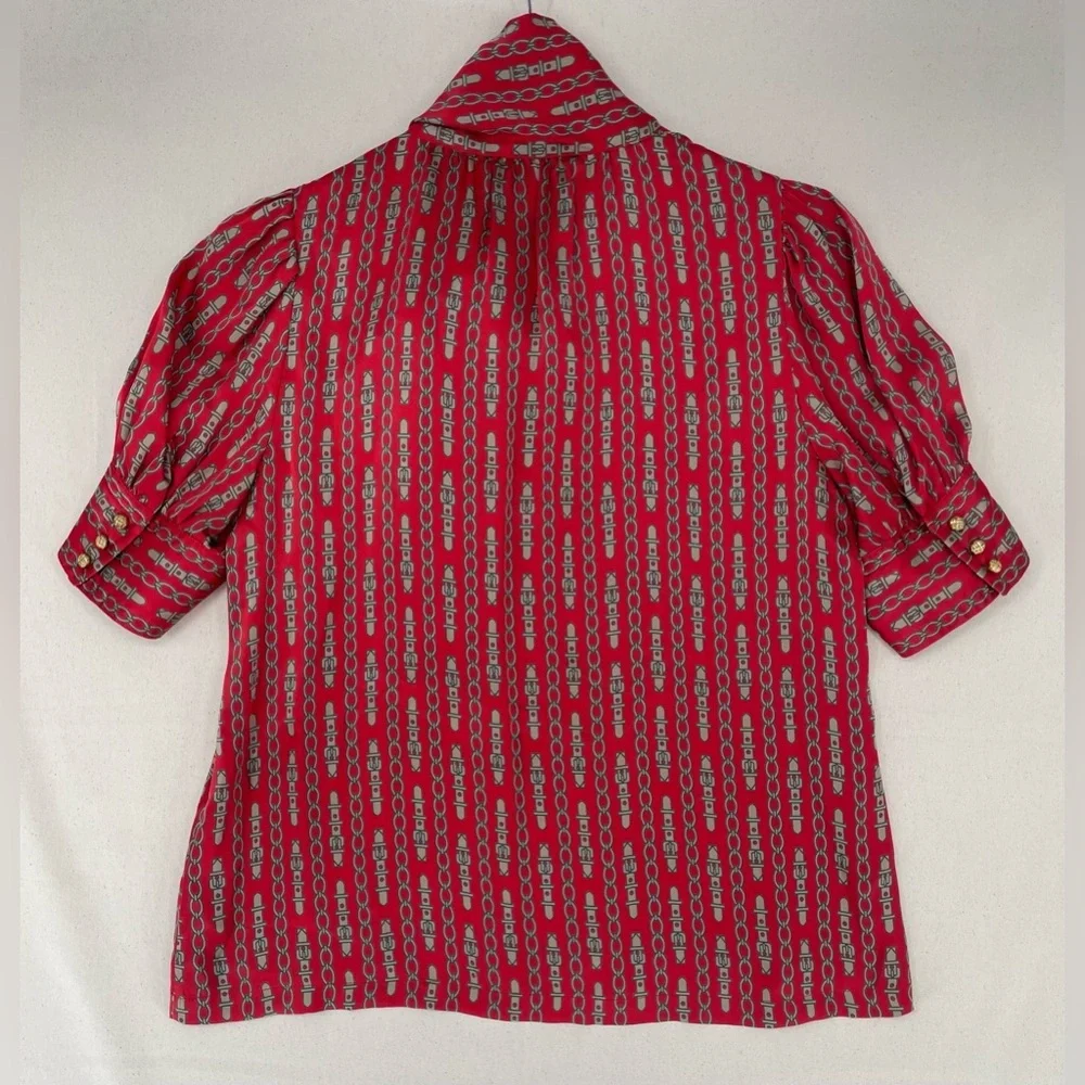 Banana Republic Red Chain Print Tie Neck Blouse